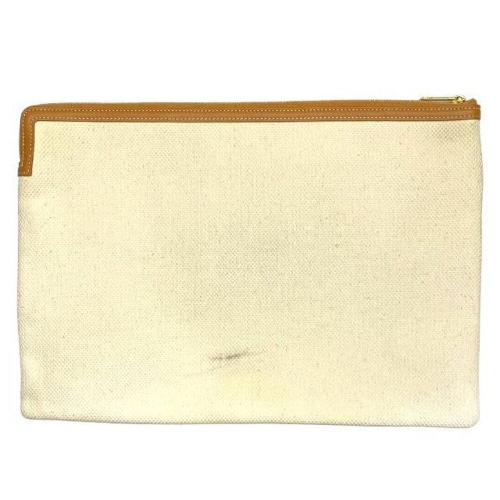Celine Clutch Bag Second Bag Large Pouch Handbag Logo Canvas Leather Ivory - Picture 2 of 6